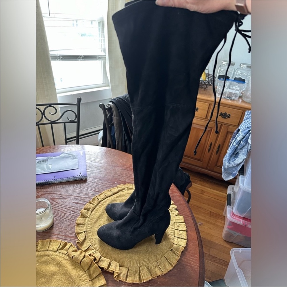 Thigh high, velvet, black heeled boot